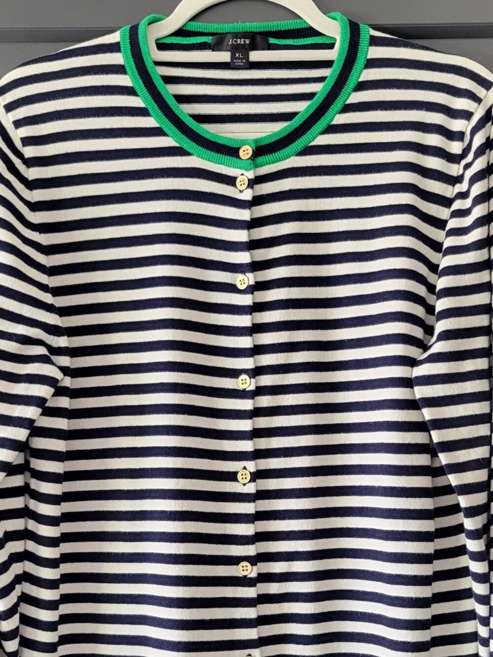 J. Crew Navy and White Striped Cardigan with Green Accents and gold buttons
